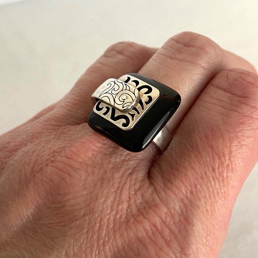 VTG Retired Silpada 925 Sterling Silver Black Agate Blacktop Swirl Ring Sz 8.75 - Picture 8 of 16